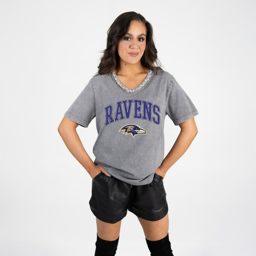 Baltimore Ravens  Gameday Couture Women's Relaxed Iconic Edge Rhinestone V-Neck T-Shirt