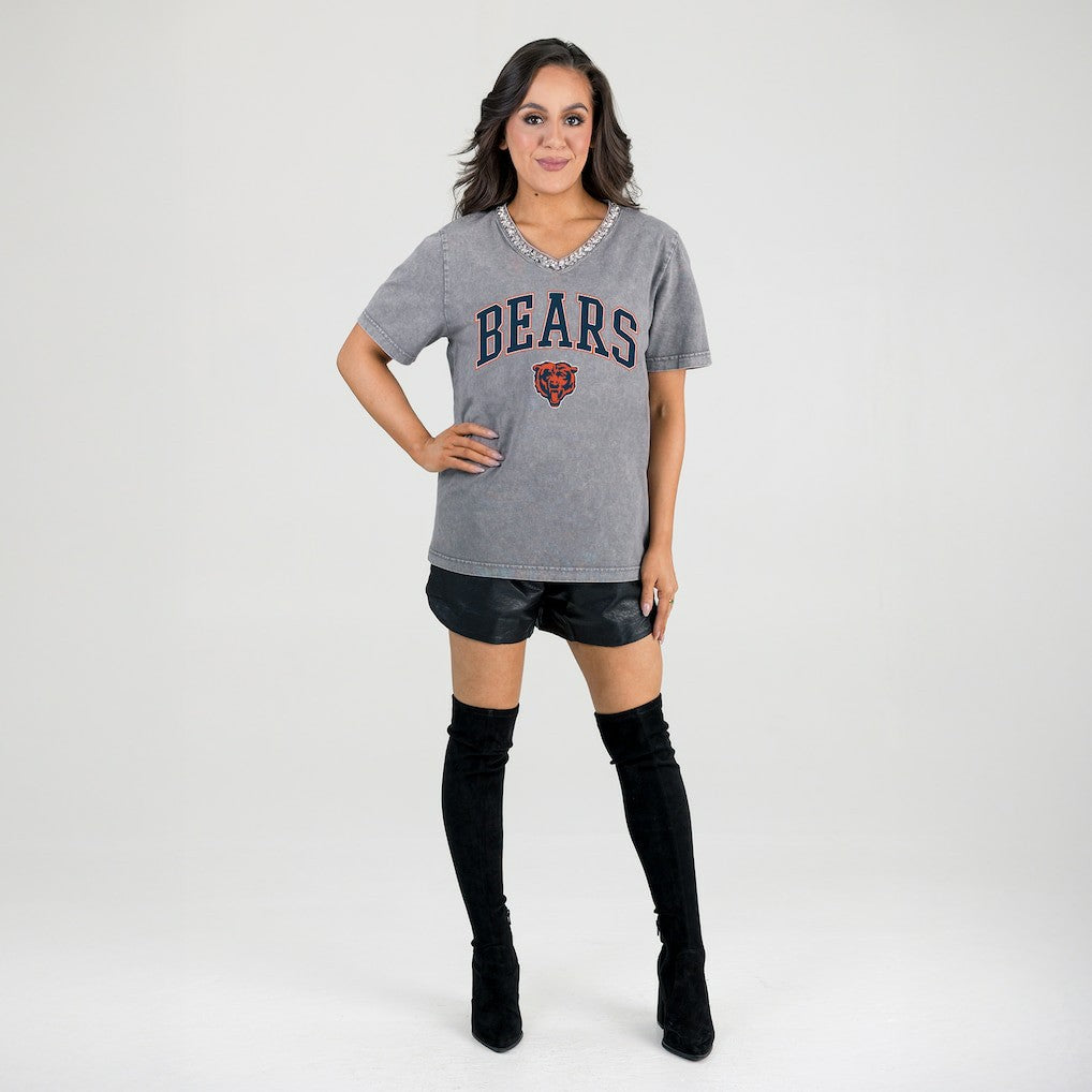 Chicago Bears  Gameday Couture Women's Relaxed Iconic Edge Rhinestone V-Neck T-Shirt