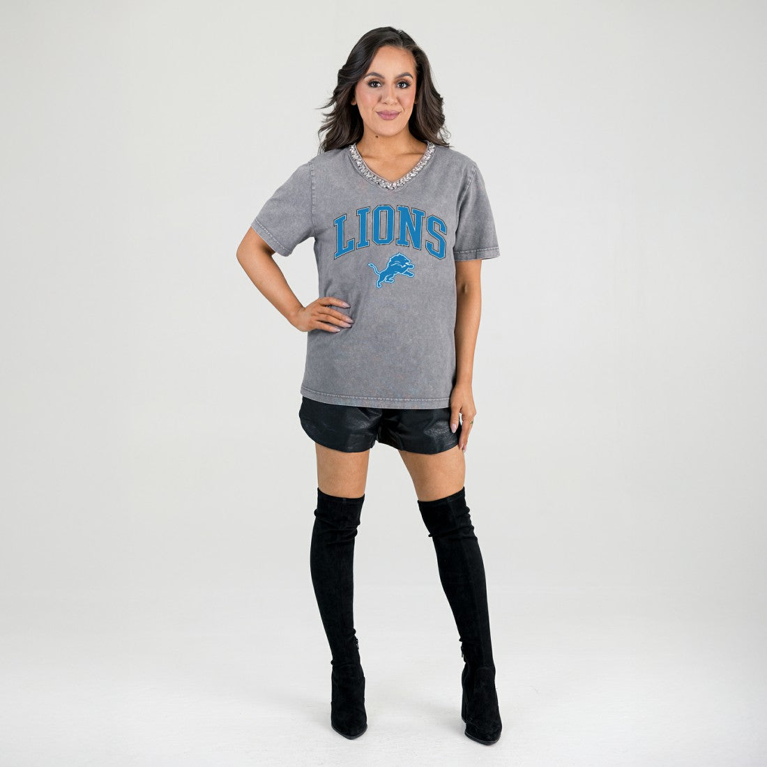 Detroit Lions  Gameday Couture Women's Relaxed Iconic Edge Rhinestone V-Neck T-Shirt