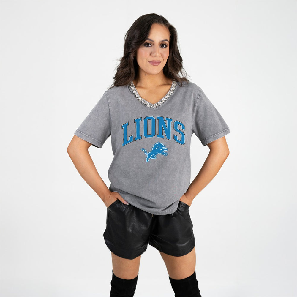 Detroit Lions  Gameday Couture Women's Relaxed Iconic Edge Rhinestone V-Neck T-Shirt