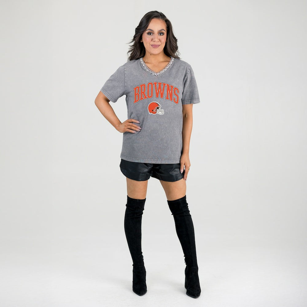 Cleveland Browns  Gameday Couture Women's Relaxed Iconic Edge Rhinestone V-Neck T-Shirt