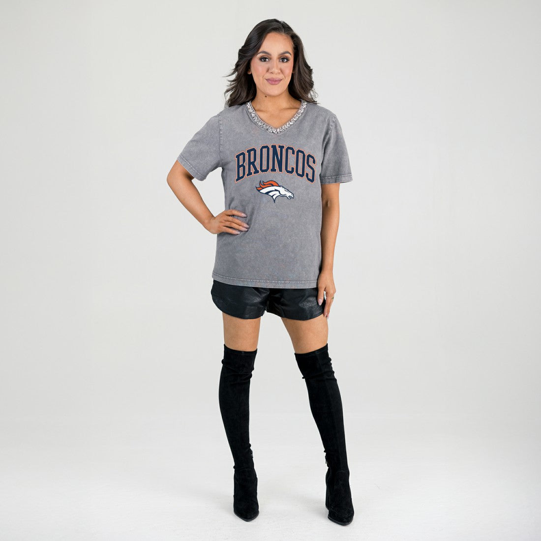 Denver Broncos  Gameday Couture Women's Relaxed Iconic Edge Rhinestone V-Neck T-Shirt