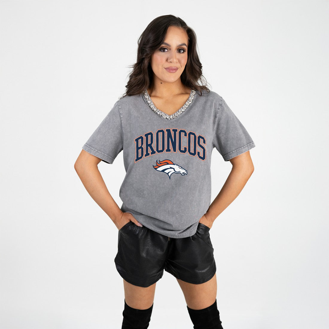 Denver Broncos  Gameday Couture Women's Relaxed Iconic Edge Rhinestone V-Neck T-Shirt