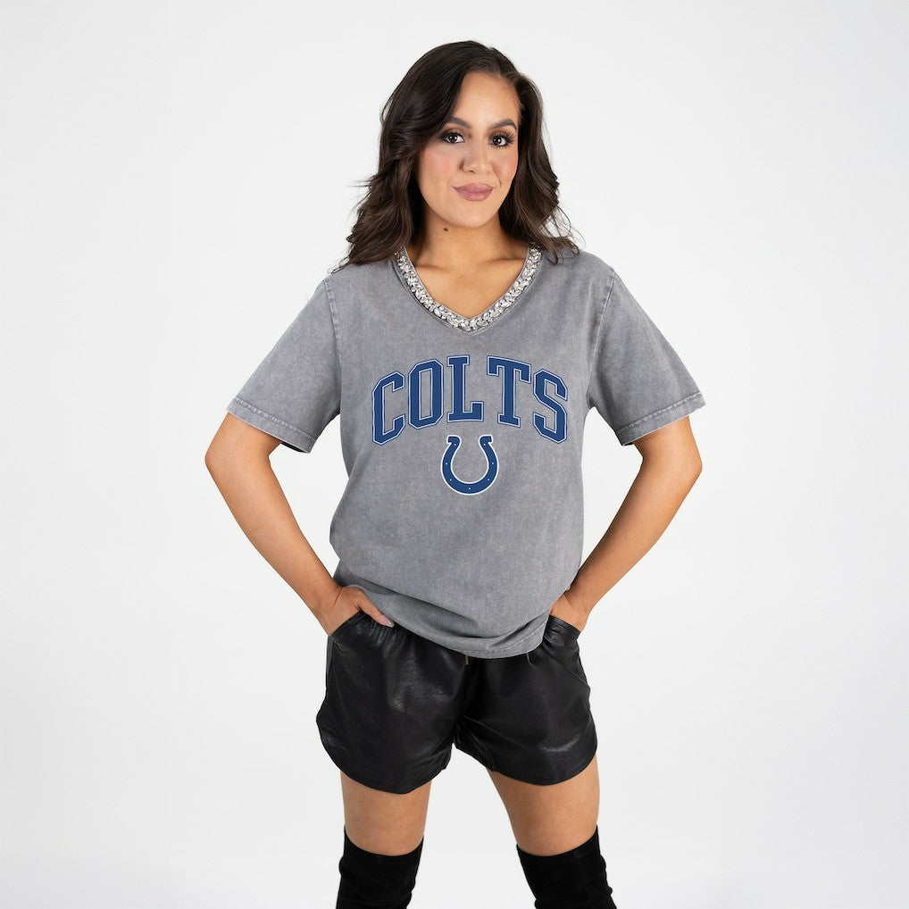 Indianapolis Colts  Gameday Couture Women's Relaxed Iconic Edge Rhinestone V-Neck T-Shirt