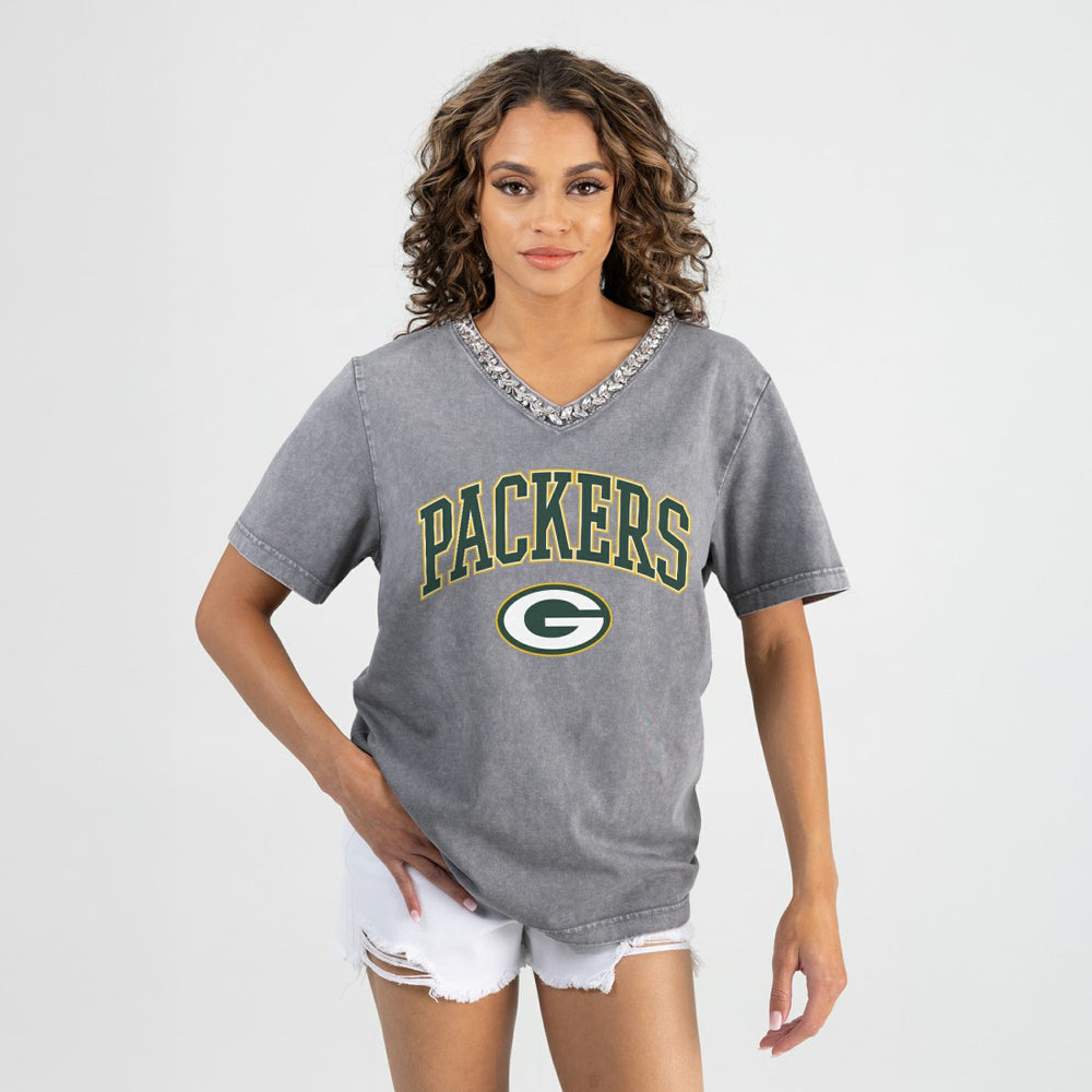 Green Bay Packers  Gameday Couture Women's Relaxed Iconic Edge Rhinestone V-Neck T-Shirt