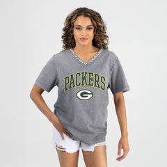 Green Bay Packers  Gameday Couture Women's Relaxed Iconic Edge Rhinestone V-Neck T-Shirt