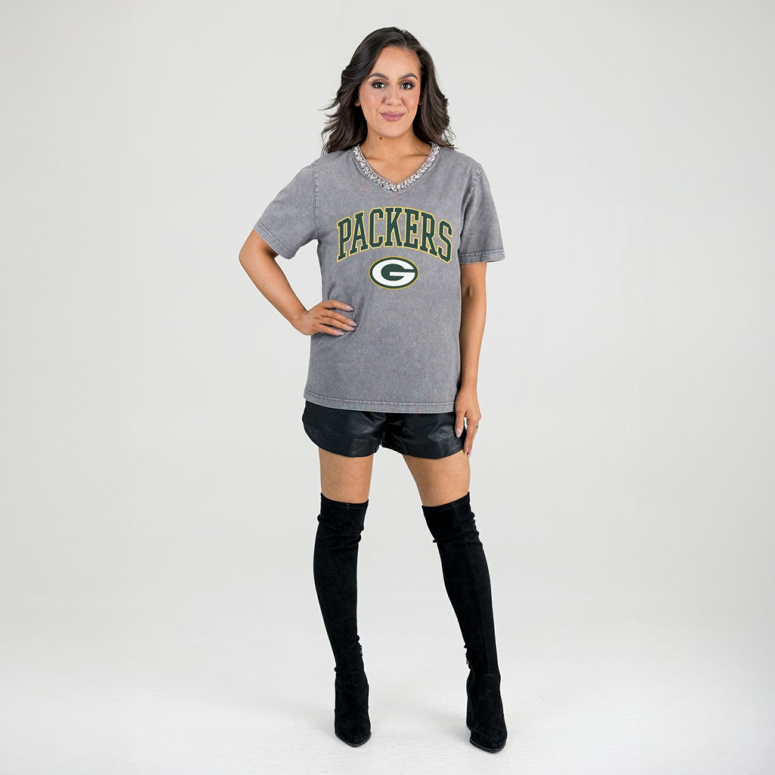Green Bay Packers  Gameday Couture Women's Relaxed Iconic Edge Rhinestone V-Neck T-Shirt