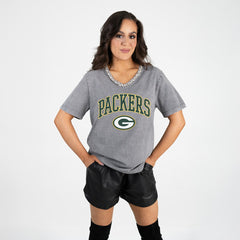 Green Bay Packers  Gameday Couture Women's Relaxed Iconic Edge Rhinestone V-Neck T-Shirt