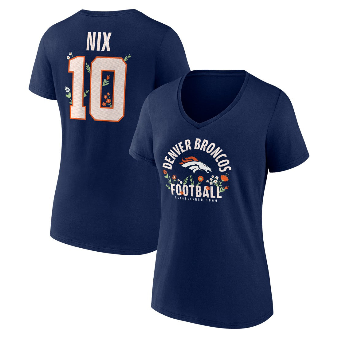 Denver Broncos  Bo Nix  Women's Floral Name & Number V-Neck T-Shirt