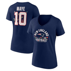New England Patriots  Drake Maye  Women's Floral Name & Number V-Neck T-Shirt