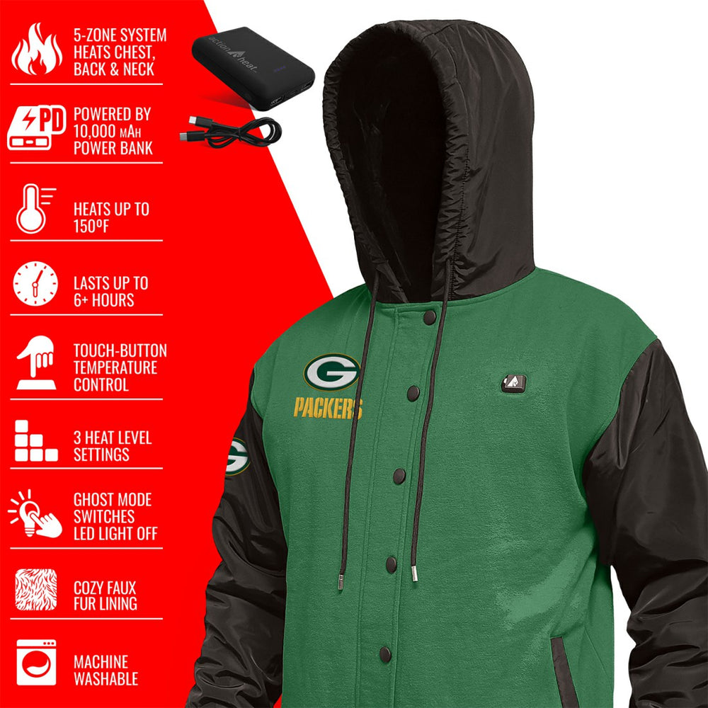 Green Bay Packers  ActionHeat 5V Battery Heated Full-Snap Varsity Jacket