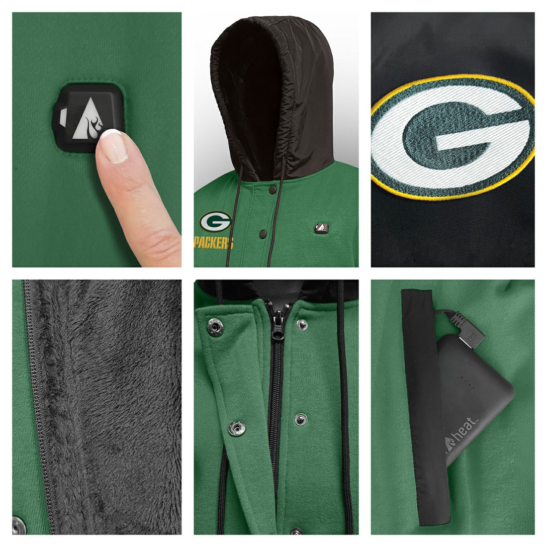 Green Bay Packers  ActionHeat 5V Battery Heated Full-Snap Varsity Jacket