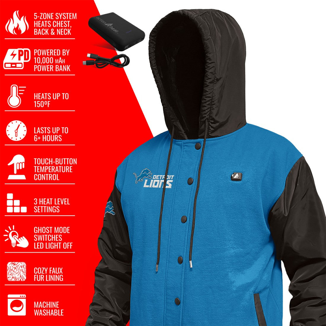Detroit Lions  ActionHeat 5V Battery Heated Full-Snap Varsity Jacket