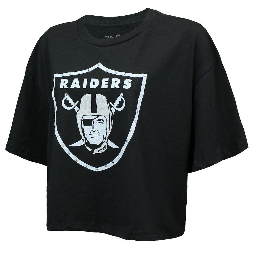 Las Vegas Raiders  Maxx Crosby  Majestic Threads Women's Swarovski Crystals Boxy Cropped Name & Number T-Shirt