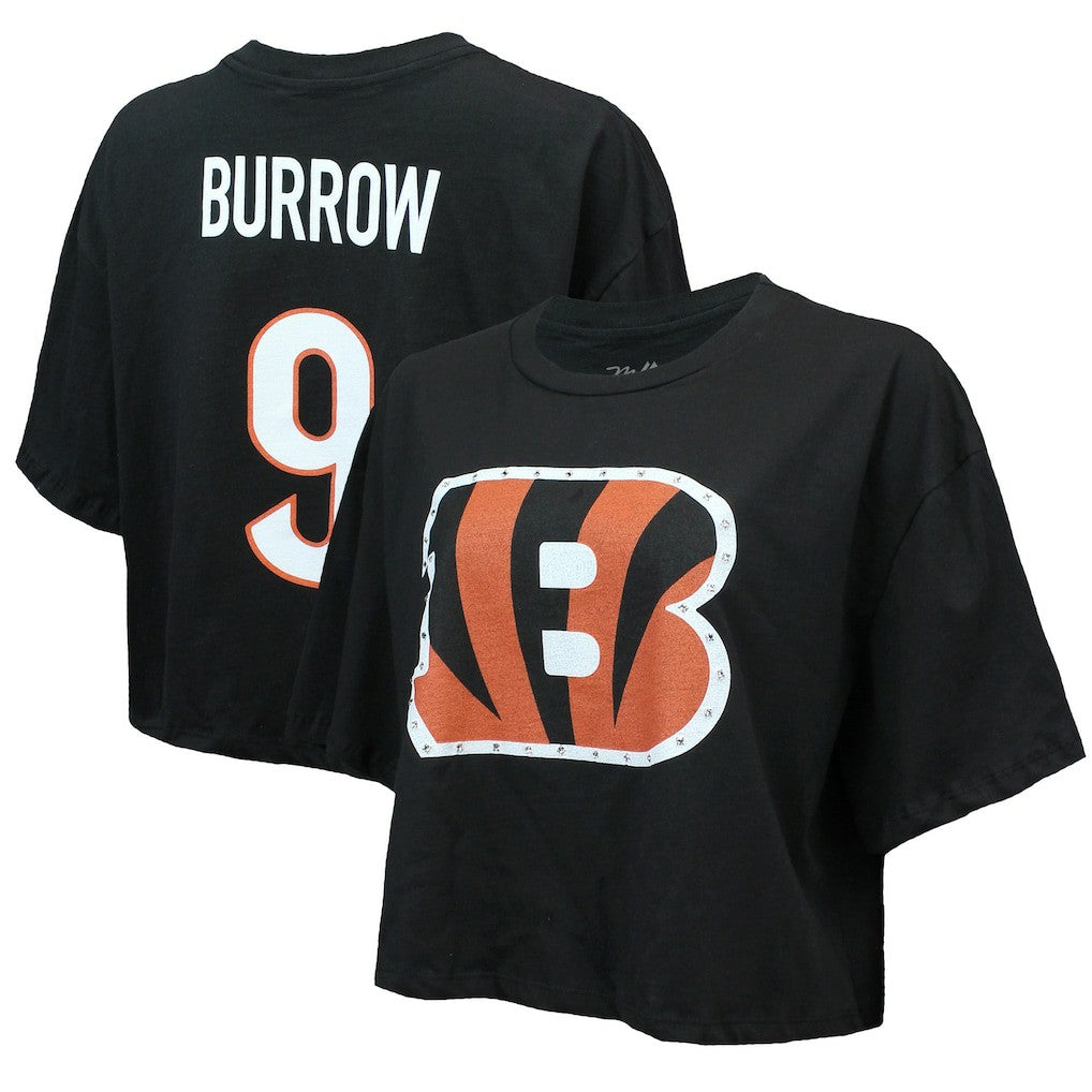 Cincinnati Bengals  Joe Burrow  Majestic Threads Women's Swarovski Crystals Boxy Cropped Name & Number T-Shirt