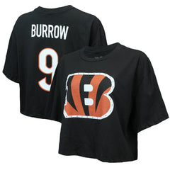 Cincinnati Bengals  Joe Burrow  Majestic Threads Women's Swarovski Crystals Boxy Cropped Name & Number T-Shirt