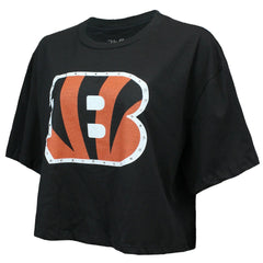 Cincinnati Bengals  Joe Burrow  Majestic Threads Women's Swarovski Crystals Boxy Cropped Name & Number T-Shirt