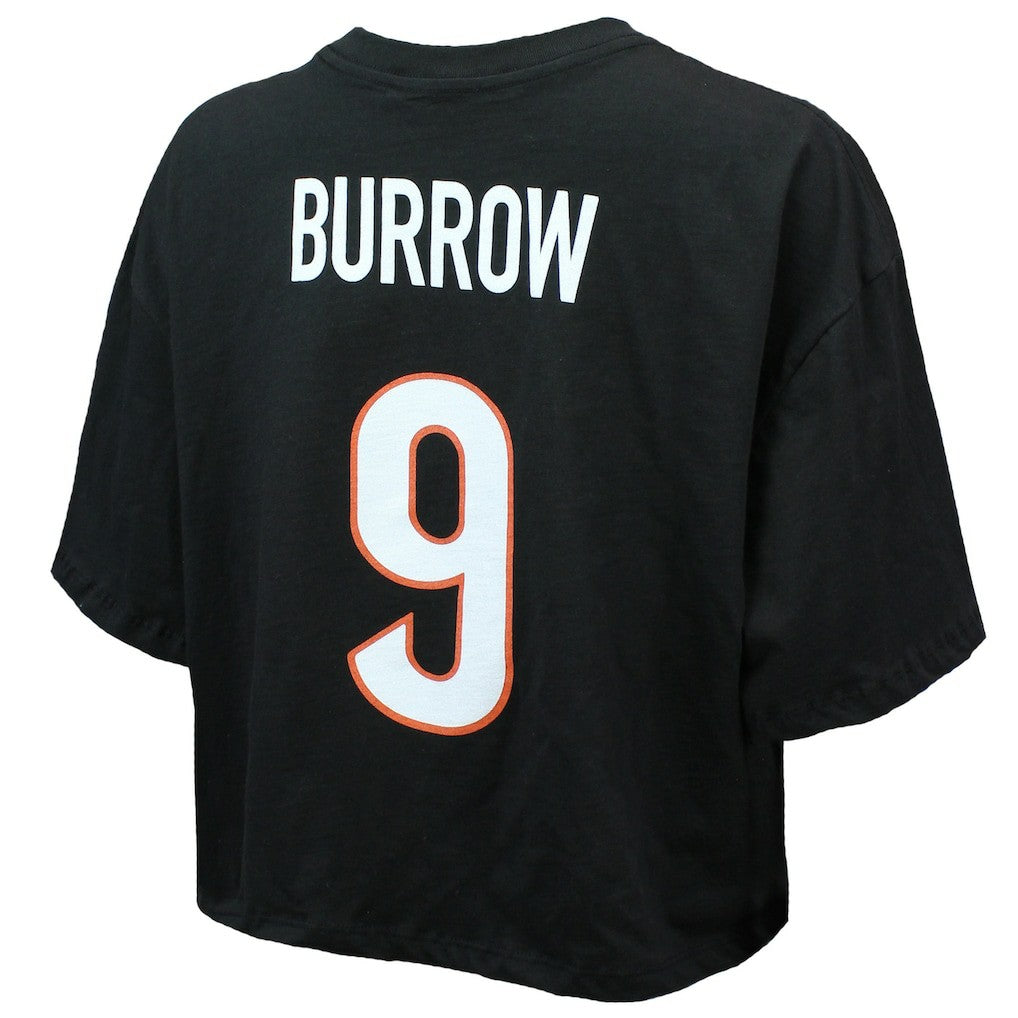Cincinnati Bengals  Joe Burrow  Majestic Threads Women's Swarovski Crystals Boxy Cropped Name & Number T-Shirt