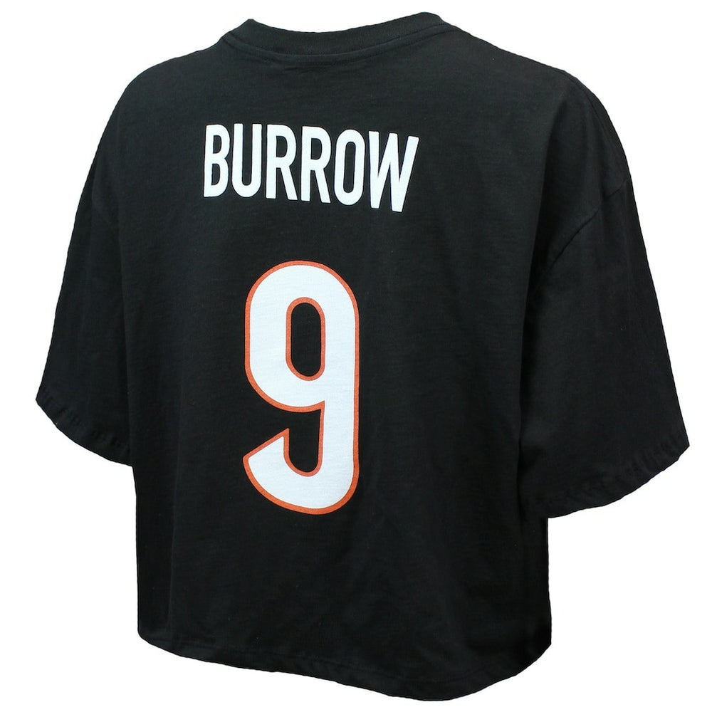 Cincinnati Bengals  Joe Burrow  Majestic Threads Women's Swarovski Crystals Boxy Cropped Name & Number T-Shirt