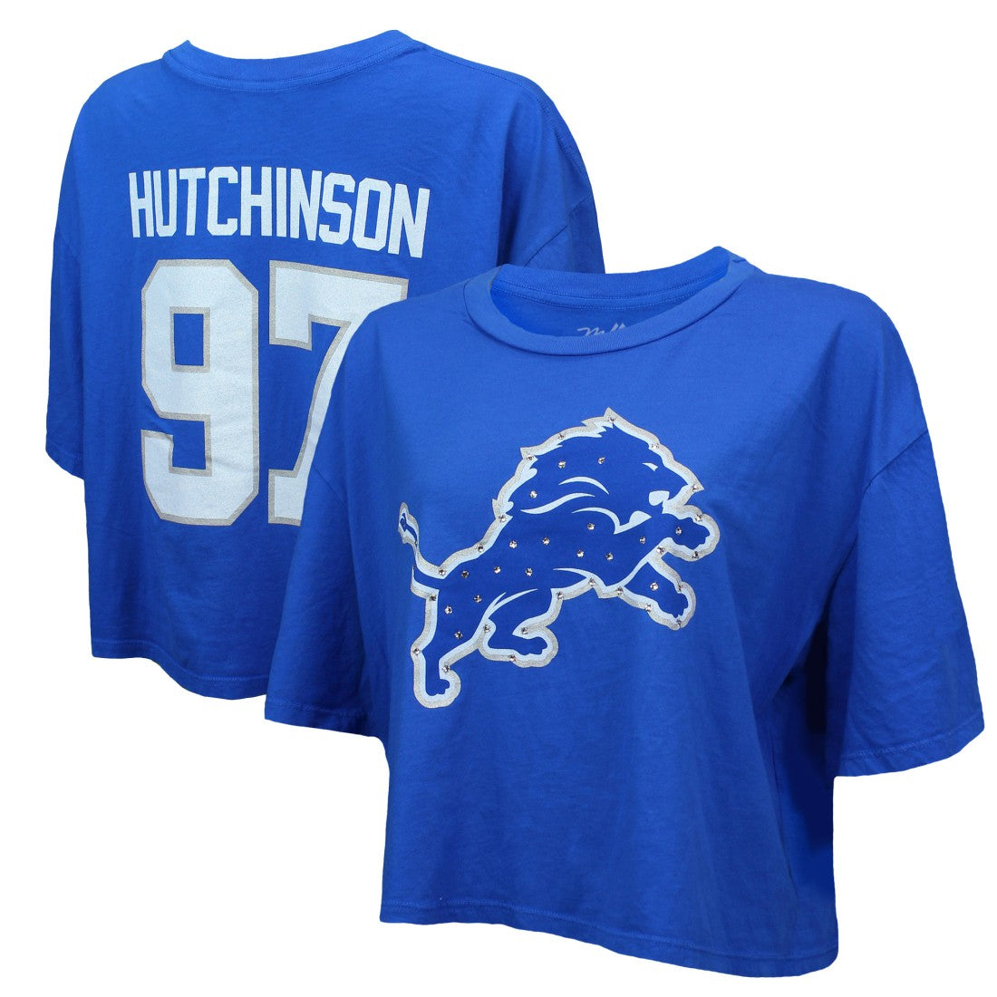 Detroit Lions  Aidan Hutchinson  Majestic Threads Women's Swarovski Crystals Boxy Cropped Name & Number T-Shirt
