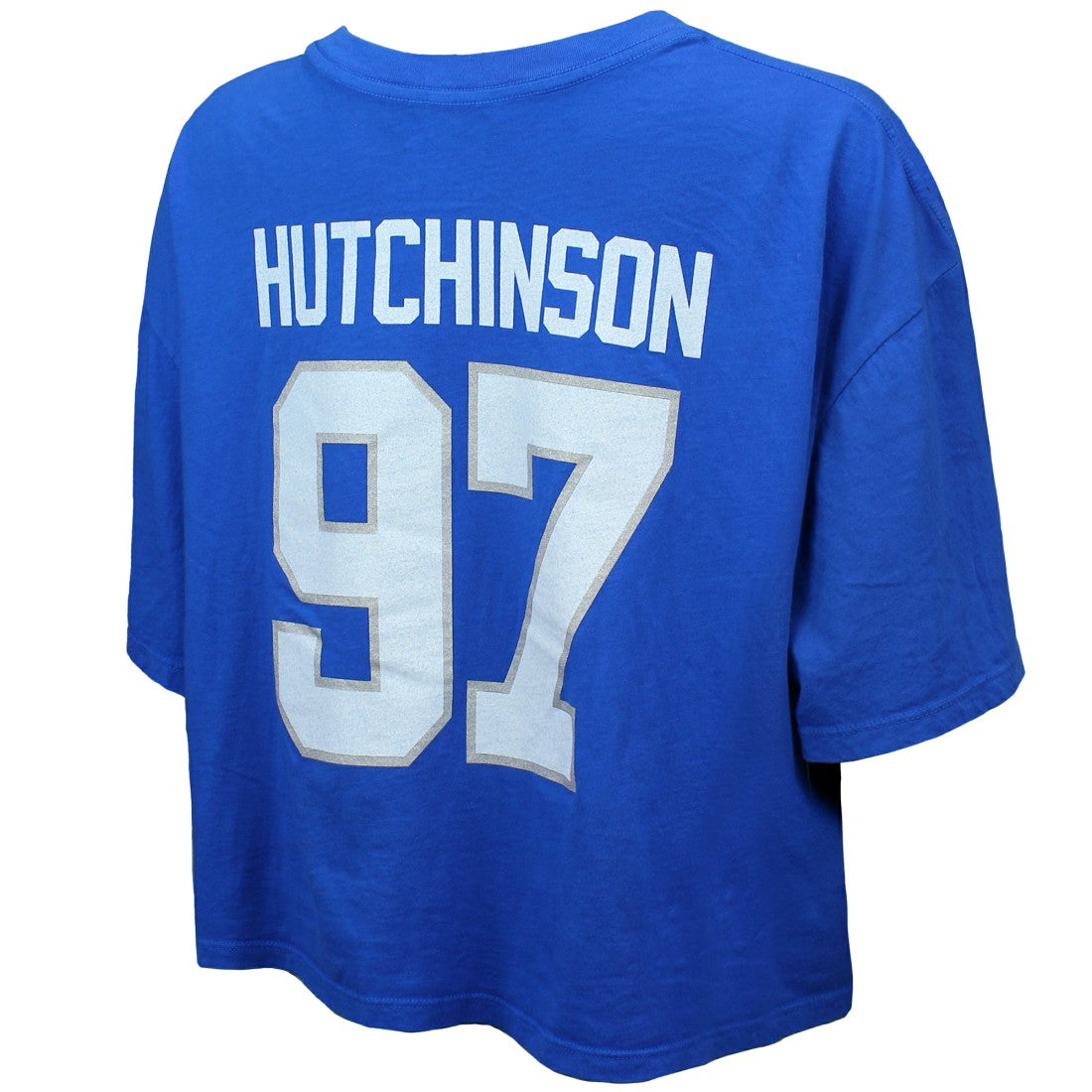 Detroit Lions  Aidan Hutchinson  Majestic Threads Women's Swarovski Crystals Boxy Cropped Name & Number T-Shirt