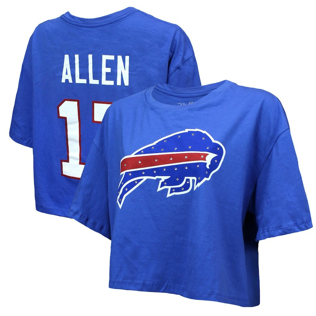 Buffalo Bills  Josh Allen  Majestic Threads Women's Swarovski Crystals Boxy Cropped Name & Number T-Shirt