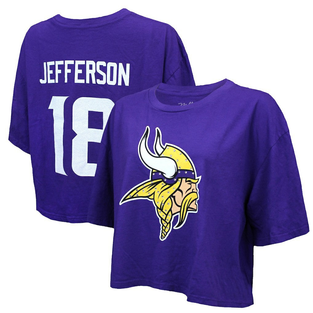 Minnesota Vikings  Justin Jefferson  Majestic Threads Women's Swarovski Crystals Boxy Cropped Name & Number T-Shirt