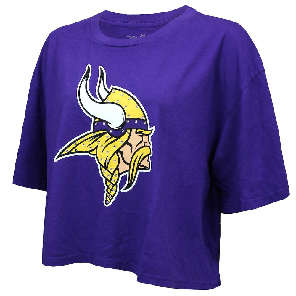 Minnesota Vikings  Justin Jefferson  Majestic Threads Women's Swarovski Crystals Boxy Cropped Name & Number T-Shirt