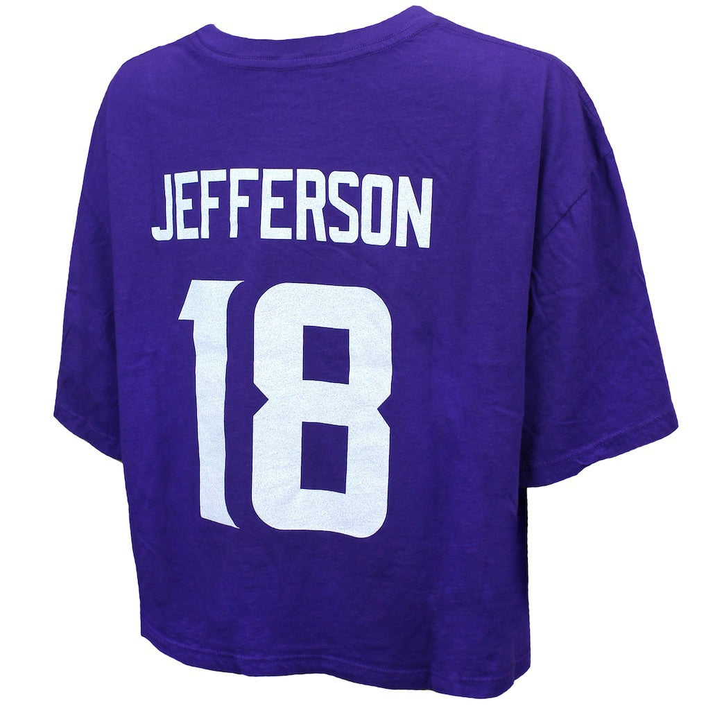 Minnesota Vikings  Justin Jefferson  Majestic Threads Women's Swarovski Crystals Boxy Cropped Name & Number T-Shirt