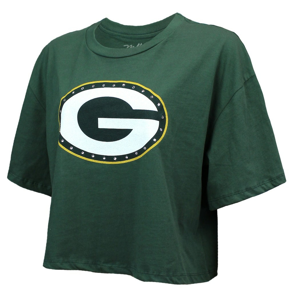 Green Bay Packers  Jordan Love  Majestic Threads Women's Swarovski Crystals Boxy Cropped Name & Number T-Shirt