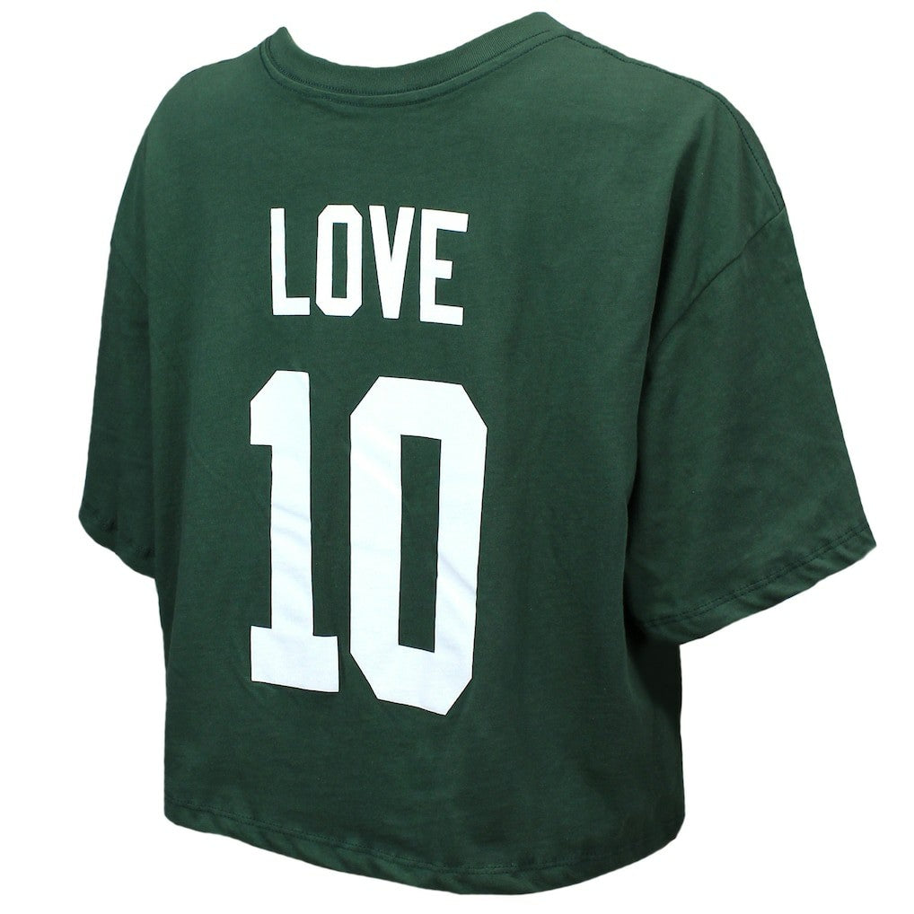 Green Bay Packers  Jordan Love  Majestic Threads Women's Swarovski Crystals Boxy Cropped Name & Number T-Shirt