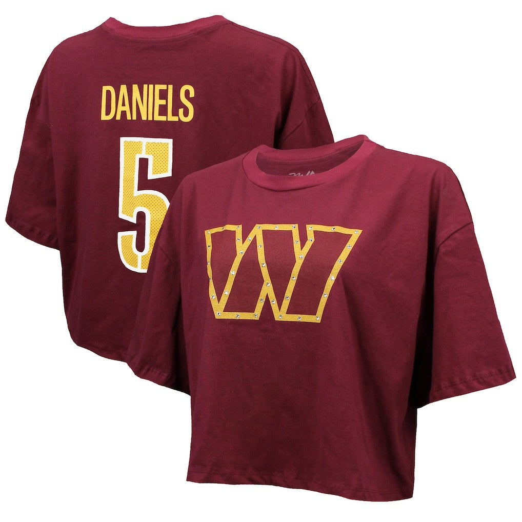 Washington Commanders  Jayden Daniels  Majestic Threads Women's Swarovski Crystals Boxy Cropped Name & Number T-Shirt