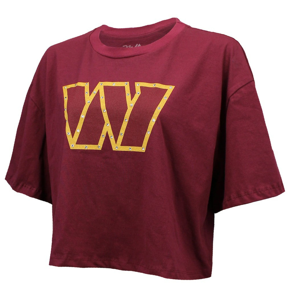 Washington Commanders  Jayden Daniels  Majestic Threads Women's Swarovski Crystals Boxy Cropped Name & Number T-Shirt