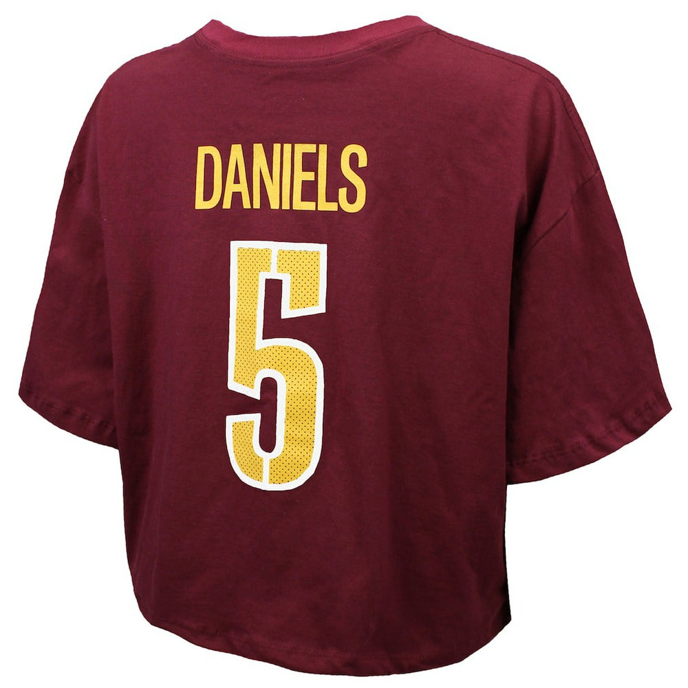 Washington Commanders  Jayden Daniels  Majestic Threads Women's Swarovski Crystals Boxy Cropped Name & Number T-Shirt