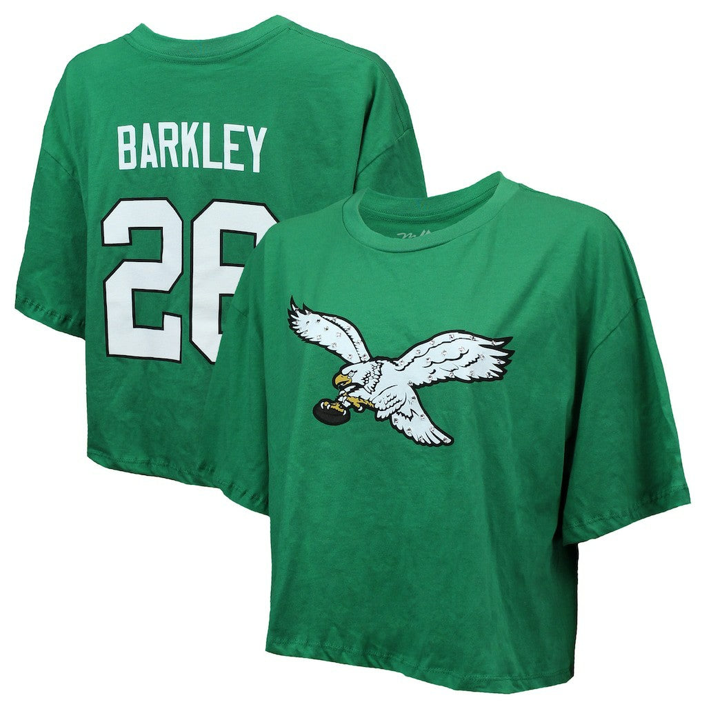 Philadelphia Eagles  Saquon Barkley  Majestic Threads Women's Swarovski Crystals Boxy Cropped Name & Number T-Shirt