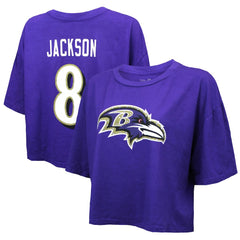 Baltimore Ravens  Lamar Jackson  Majestic Threads Women's Swarovski Crystals Boxy Cropped Name & Number T-Shirt