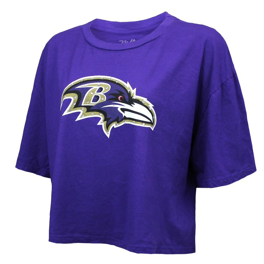 Baltimore Ravens  Lamar Jackson  Majestic Threads Women's Swarovski Crystals Boxy Cropped Name & Number T-Shirt