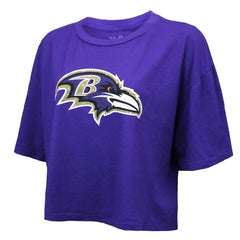 Baltimore Ravens  Lamar Jackson  Majestic Threads Women's Swarovski Crystals Boxy Cropped Name & Number T-Shirt