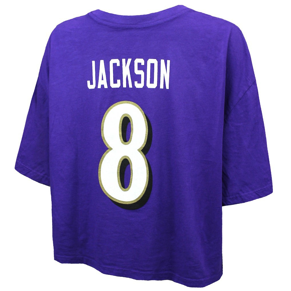 Baltimore Ravens  Lamar Jackson  Majestic Threads Women's Swarovski Crystals Boxy Cropped Name & Number T-Shirt