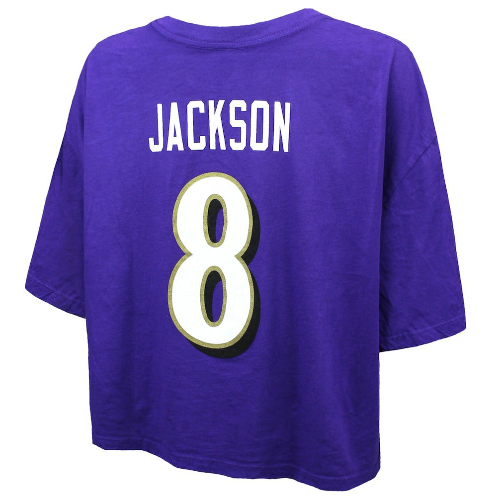 Baltimore Ravens  Lamar Jackson  Majestic Threads Women's Swarovski Crystals Boxy Cropped Name & Number T-Shirt