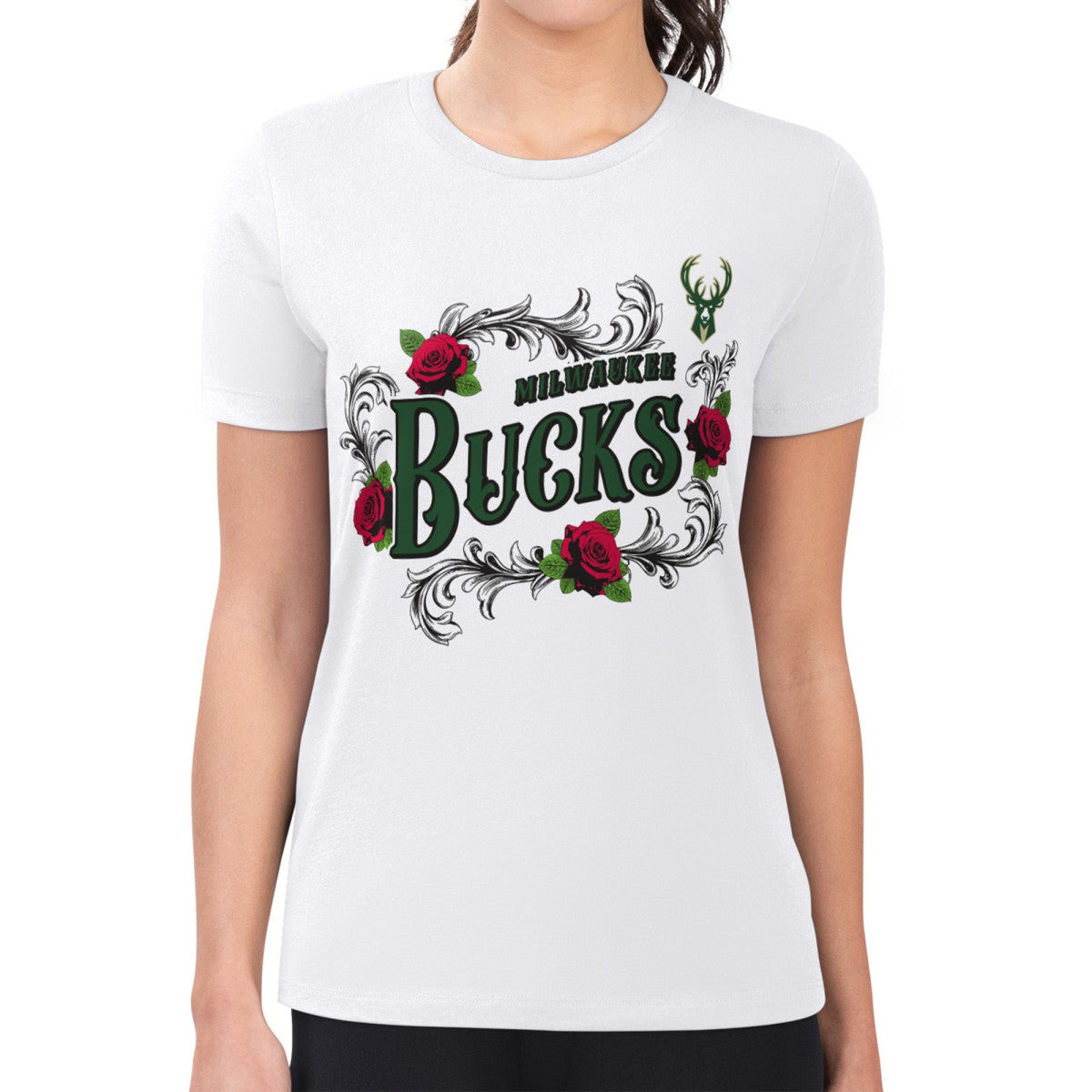 Milwaukee Bucks G-III 4Her by Carl Banks Women's Super-Slim Fit Lightweight Roses Crew Neck T-Shirt For Sale
