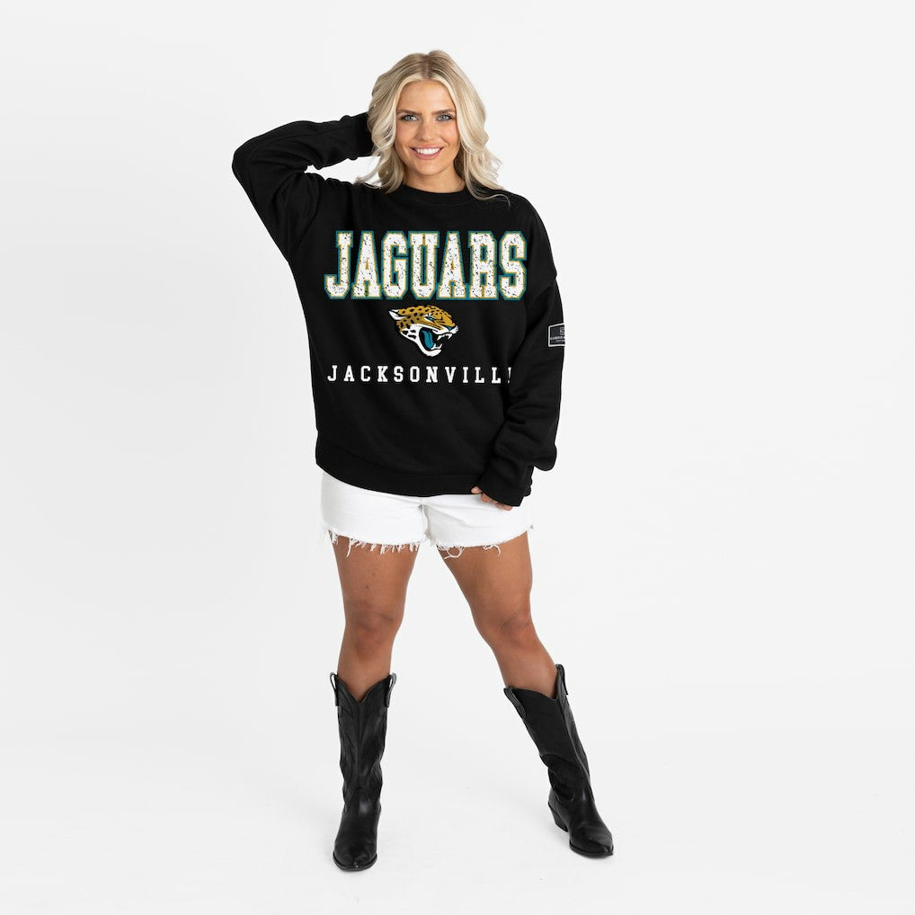 Jacksonville Jaguars  Gameday Couture Women's Oversized Level Up Black Label Premium Fleece Sweatshirt
