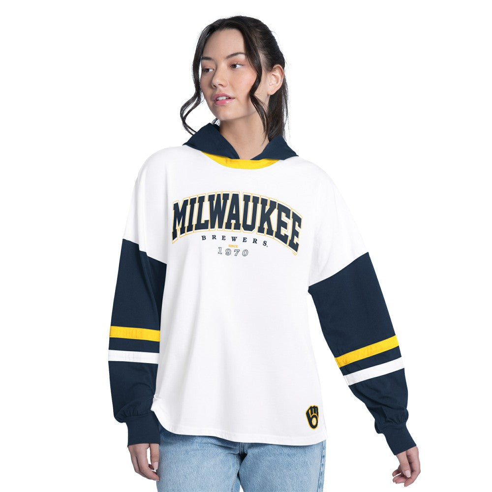 Milwaukee Brewers G-III 4Her by Carl Banks Women's Key Player Oversized Hooded Long Sleeve T-Shirt | MLB Discount