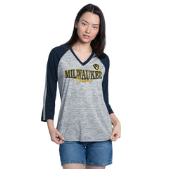 Milwaukee Brewers G-III 4Her by Carl Banks Women's Speed Training 3/4-Sleeve Rhinestone V-Neck T-Shirt | MLB Shop