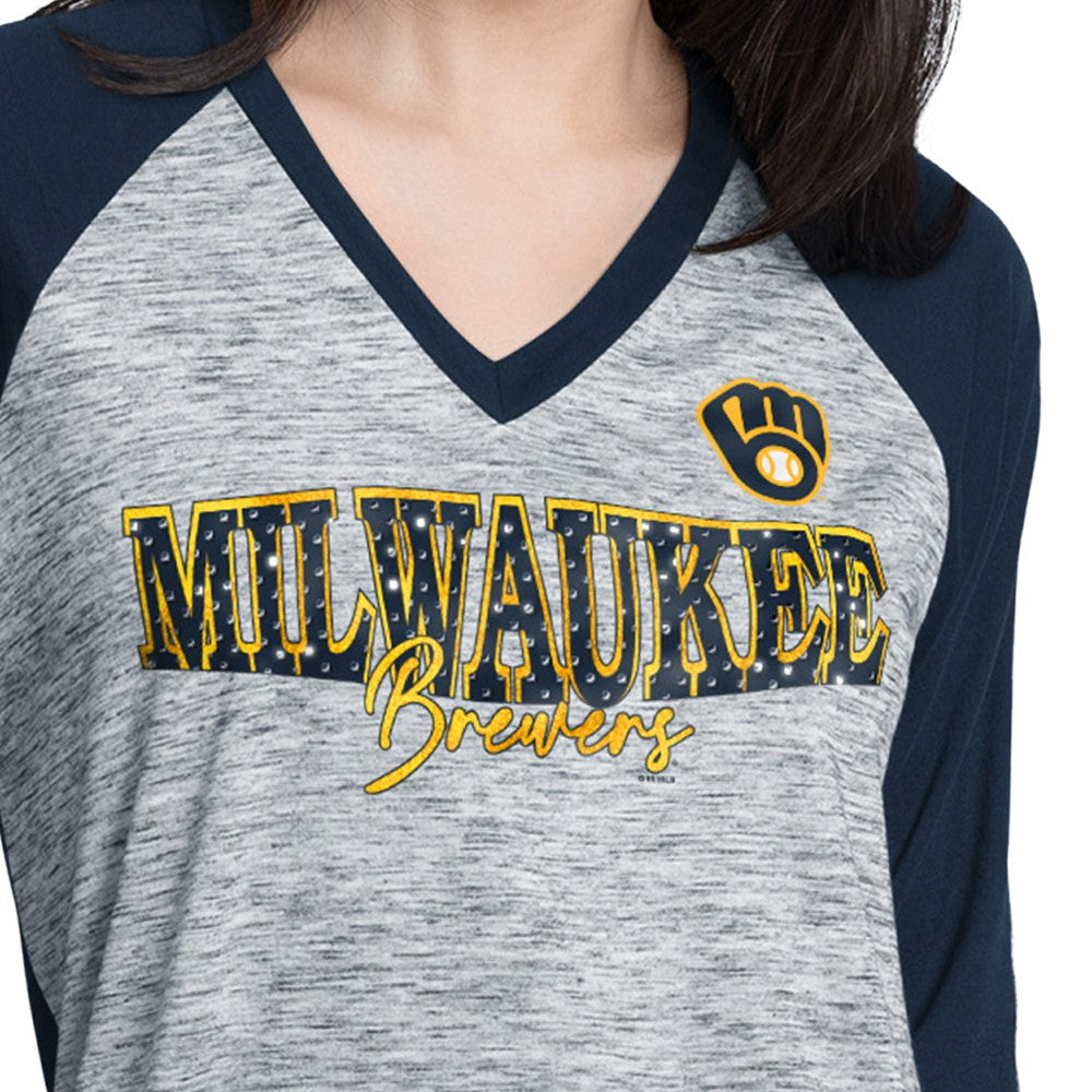Milwaukee Brewers G-III 4Her by Carl Banks Women's Speed Training 3/4-Sleeve Rhinestone V-Neck T-Shirt | MLB Shop