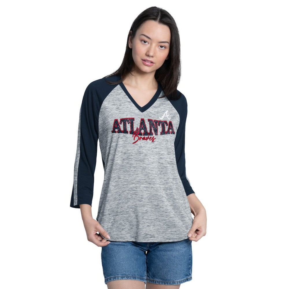 Atlanta Braves G-III 4Her by Carl Banks Women's Speed Training 3/4-Sleeve Rhinestone V-Neck T-Shirt | MLB Near me