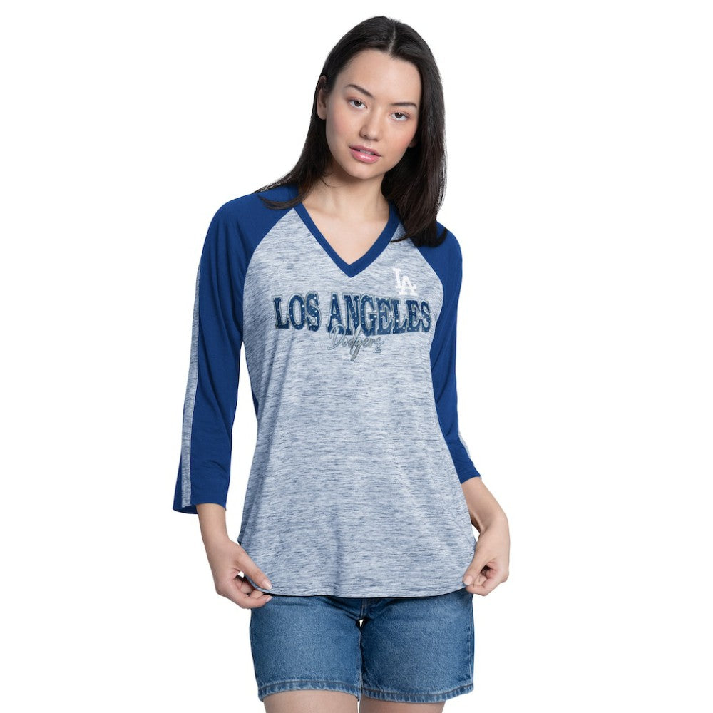 Los Angeles Dodgers G-III 4Her by Carl Banks Women's Speed Training 3/4-Sleeve Rhinestone V-Neck T-Shirt | MLB On Sale