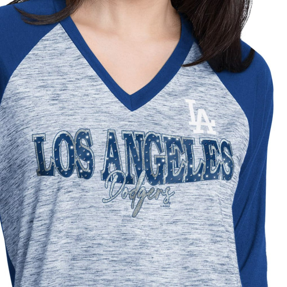 Los Angeles Dodgers G-III 4Her by Carl Banks Women's Speed Training 3/4-Sleeve Rhinestone V-Neck T-Shirt | MLB On Sale
