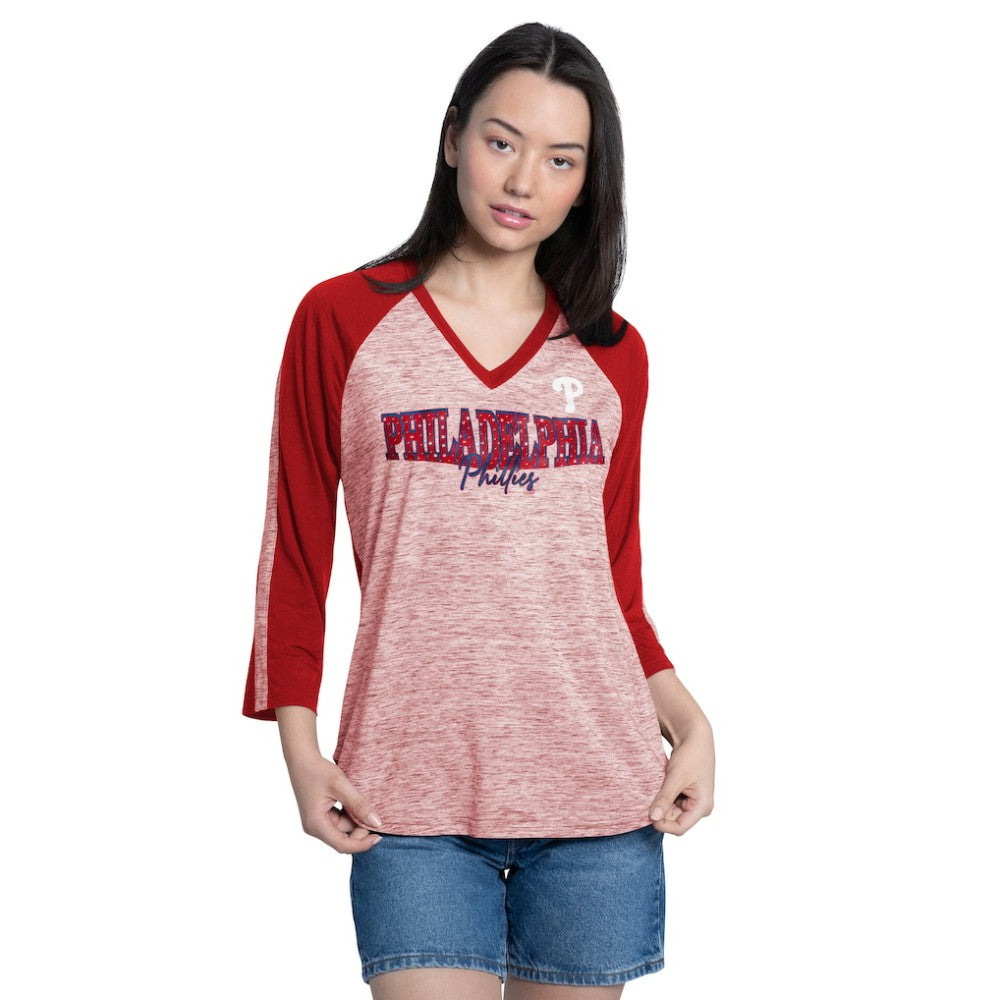 Philadelphia Phillies G-III 4Her by Carl Banks Women's Speed Training 3/4-Sleeve Rhinestone V-Neck T-Shirt | MLB New