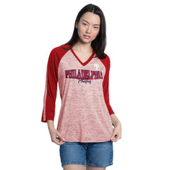 Philadelphia Phillies G-III 4Her by Carl Banks Women's Speed Training 3/4-Sleeve Rhinestone V-Neck T-Shirt | MLB New